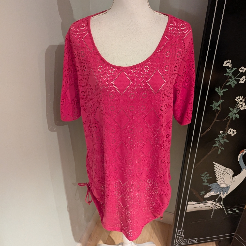 Denim & Co Beach Womens Medium Knit Openwork Elbow Sleeve CoverUp Dress Pink 166